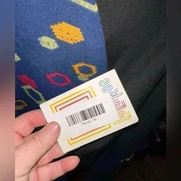 Lularoe Medium blue geometric Randy baseball T, with black sleeves .NWT. - Picture 3 of 6